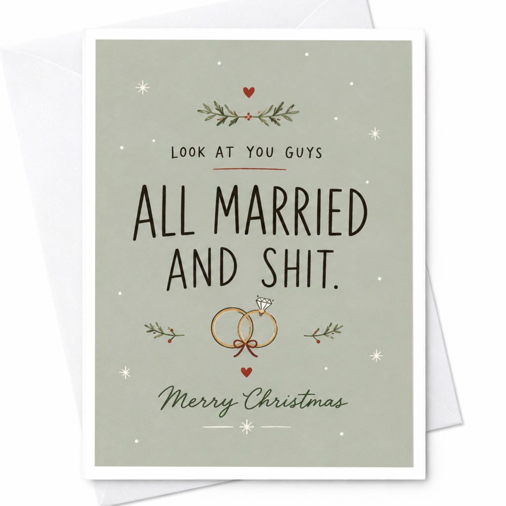 Look At You Guys All Married And Shit. Merry Christmas Wedding Card Funny Holiday Greeting For Couple Newlyweds C7220