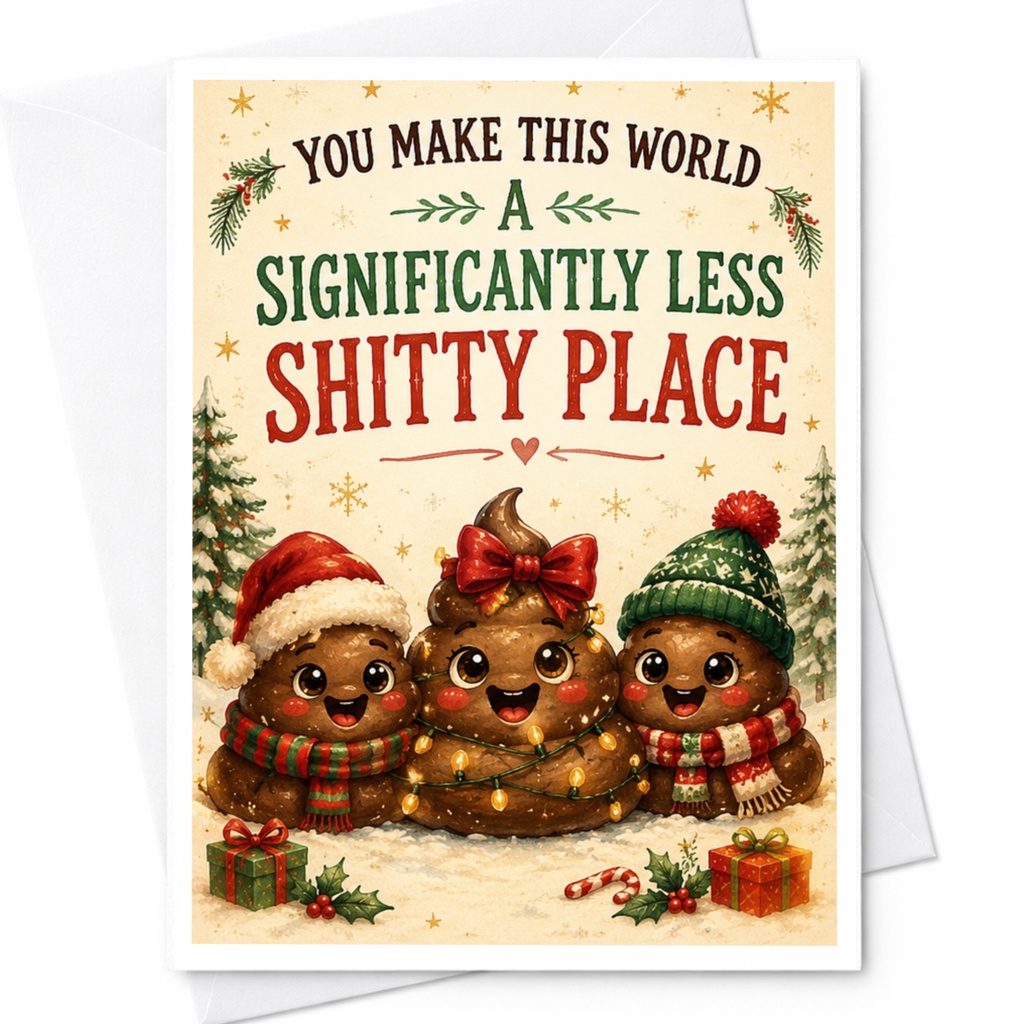 You Make This World A Significantly Less Shitty Place Funny Christmas Card Cute Holiday Poop Characters Greeting Card C7221