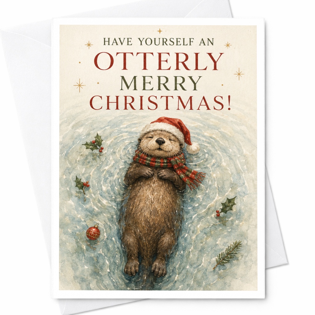 Have Yourself An Otterly Merry Christmas! Cute Otter Christmas Card Animal Lover Holiday Greeting Card Funny Santa Hat C7227