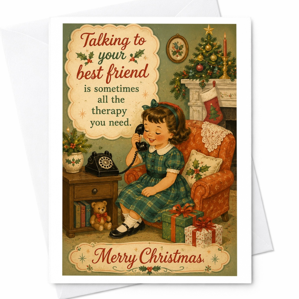 Talking To Your Best Friend Merry Christmas Card Vintage Style Holiday Greeting Card For Best Friend Cute Retro C7230