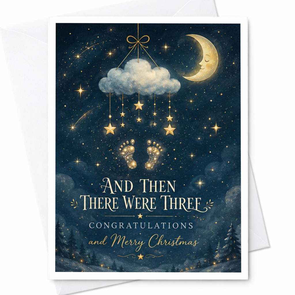 And Then There Were Three Christmas Card Congratulations New Baby Announcement Holiday Card Expecting Parents Festive Greeting C7232