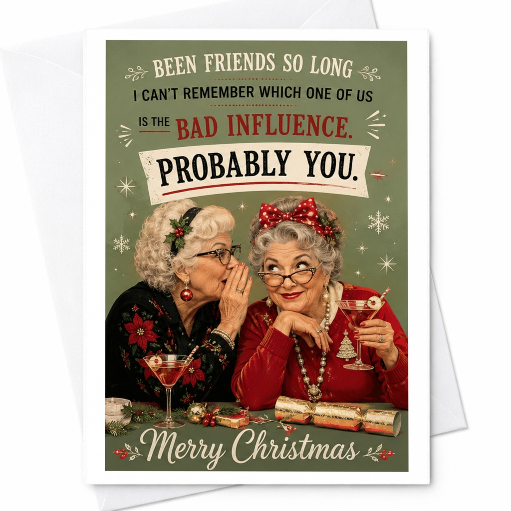 Been Friends So Long I Can't Remember Which One Of Us Is The Bad Influence. Probably You. Merry Christmas Funny Christmas Card For C7234