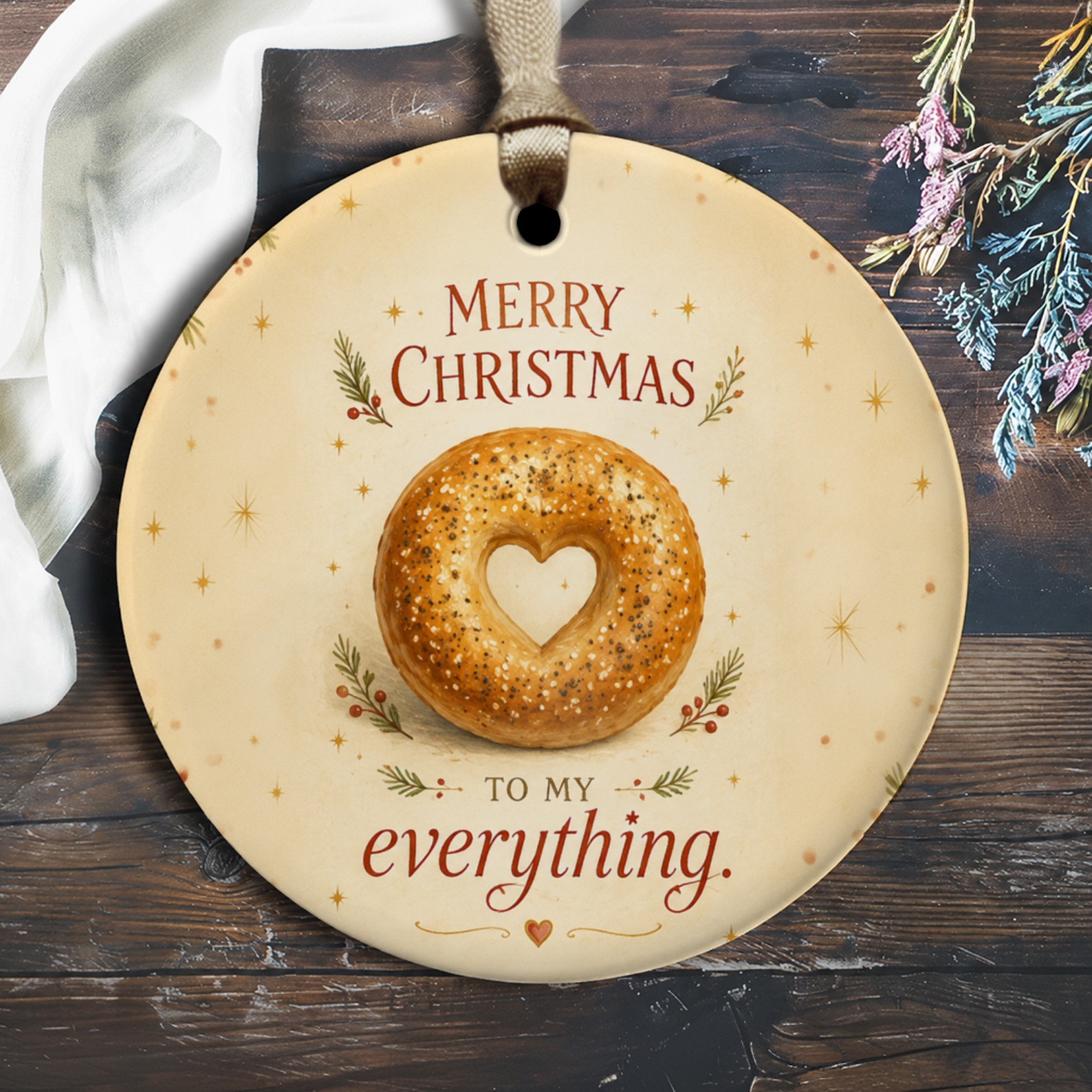 Merry Christmas To My Everything Ornament Cute Bagel Heart Shape Christmas Ornament For Loved One Holiday Decor O2875