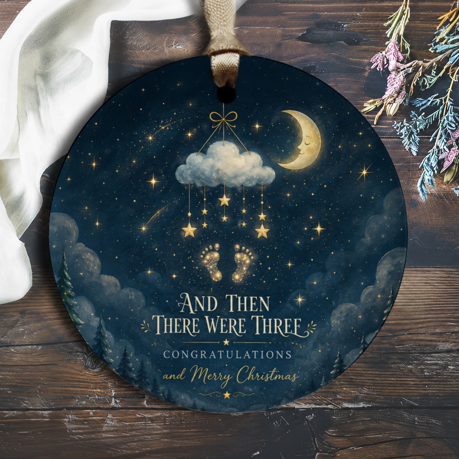 And Then There Were Three Congratulations And Merry Christmas Ornament New Baby Announcement Holiday Decor O2879