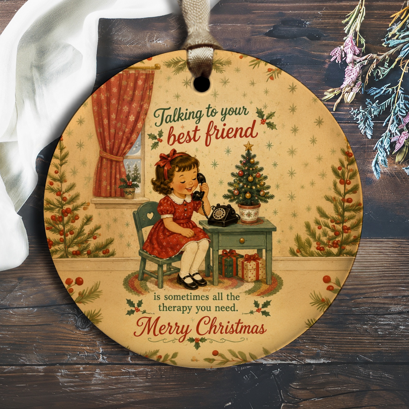Talking To Your Best Friend Merry Christmas Ornament Vintage Holiday Decor Cute Retro Style Gift For Friend O2887