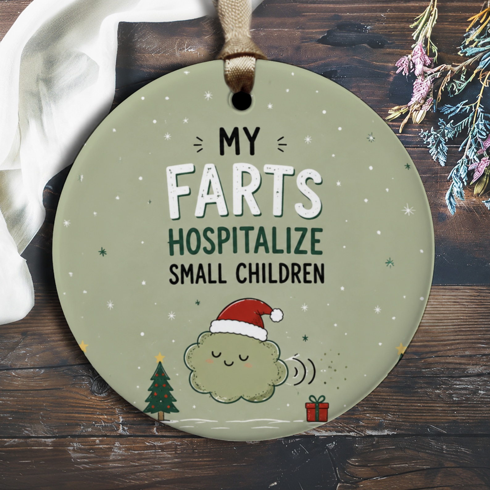 My Farts Hospitalize Small Children Funny Christmas Ornament Gift Gag Present Holiday Decor Santa Hat O2892