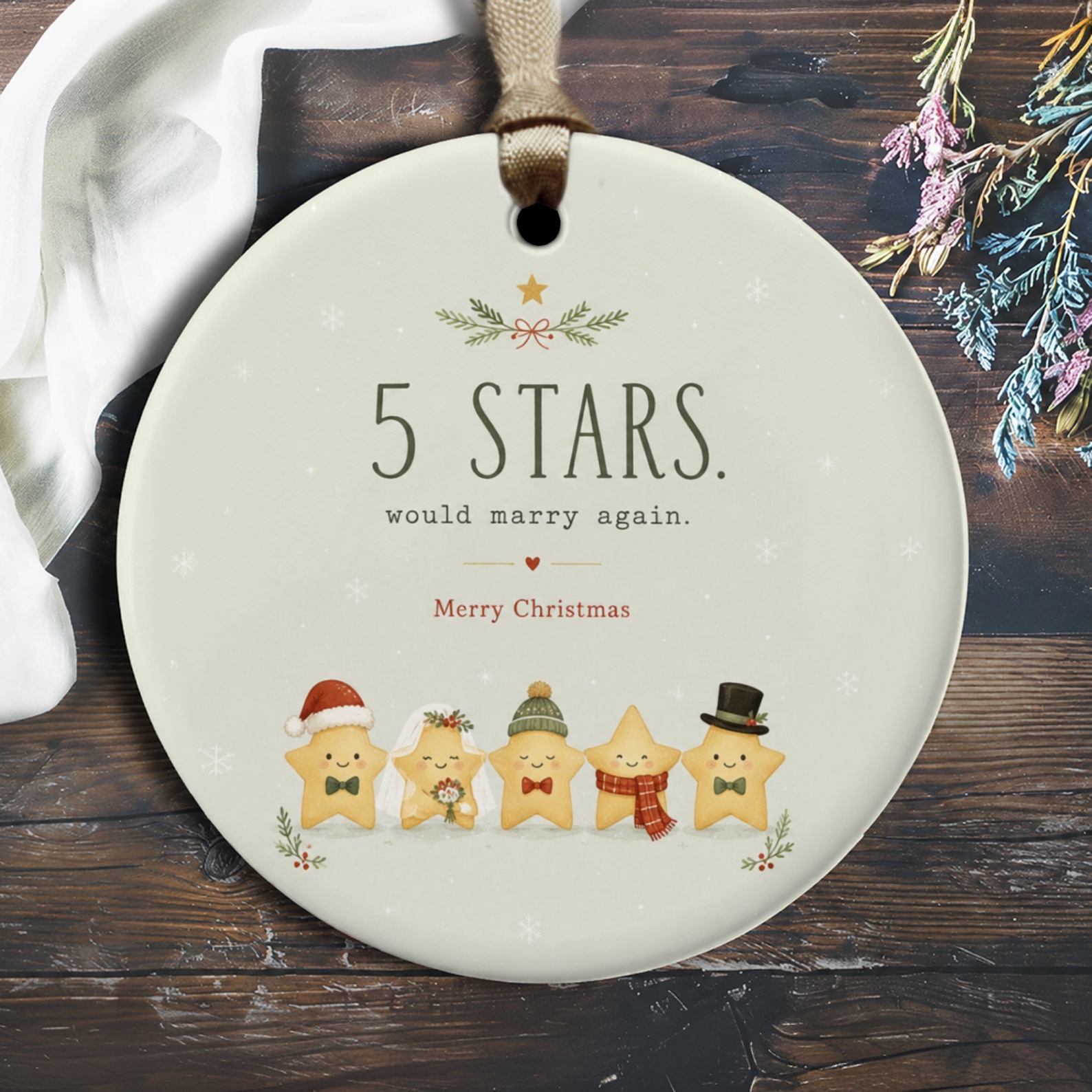 5 Stars. Would Marry Again. Merry Christmas Ornament Cute Star Characters Festive Holiday Decor Wedding Theme O2906