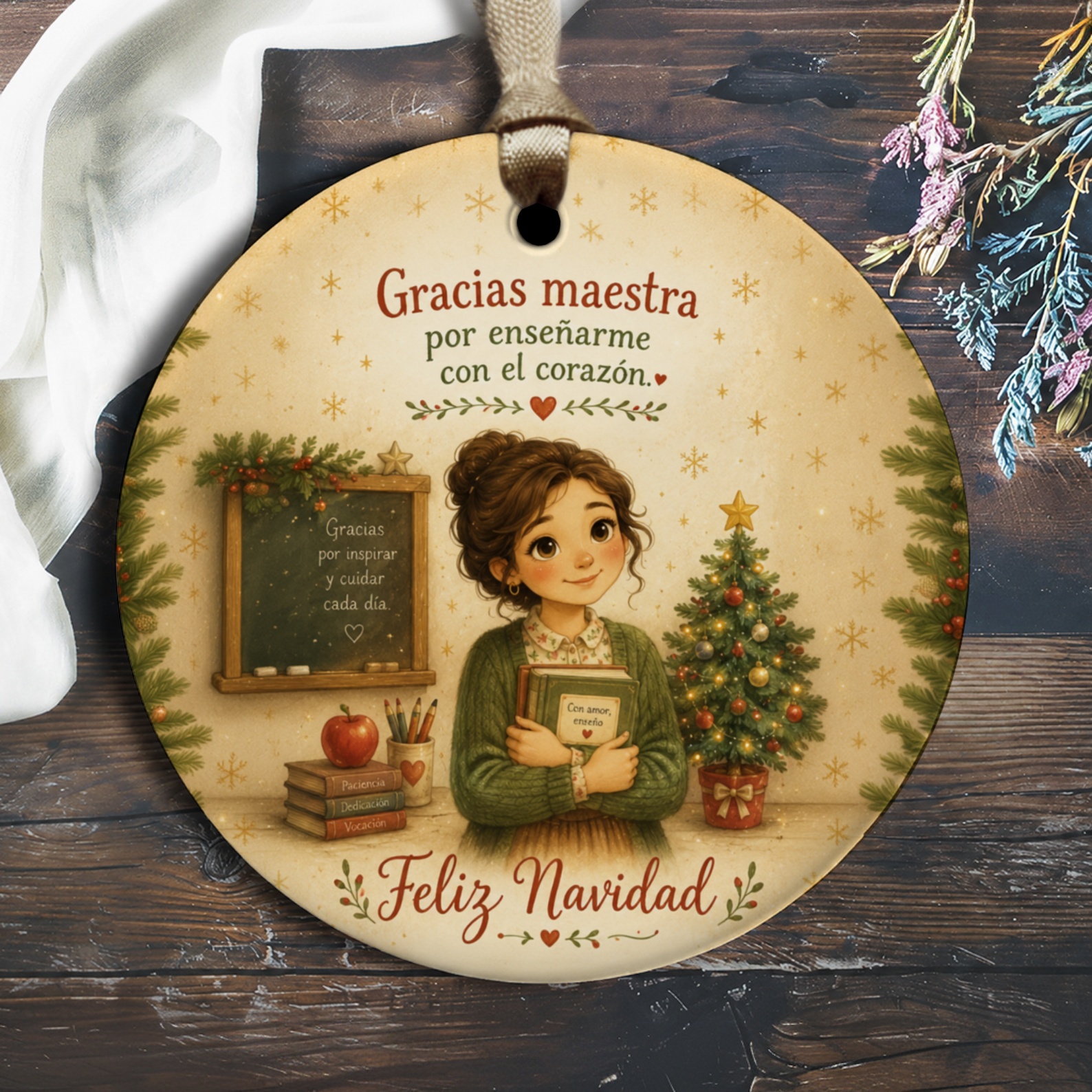 Gracias Maestra Por Enseñarme Con El Corazón. Feliz Navidad Christmas Ornament Teacher Appreciation Holiday Gift O2915