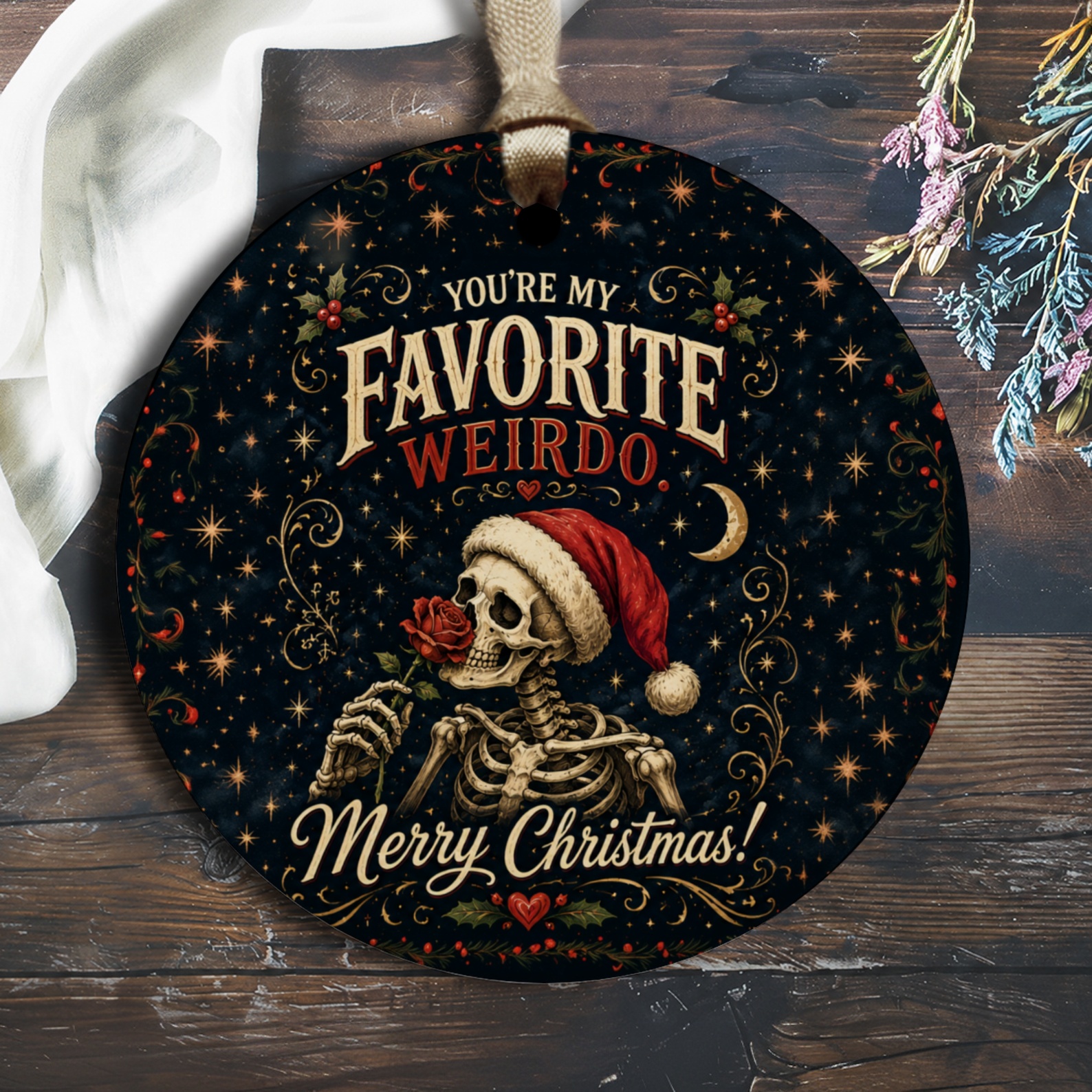 You're My Favorite Weirdo Merry Christmas Ornament Skeleton Santa Hat Funny Holiday Decor Gift For Him Her Unique Xmas O2919