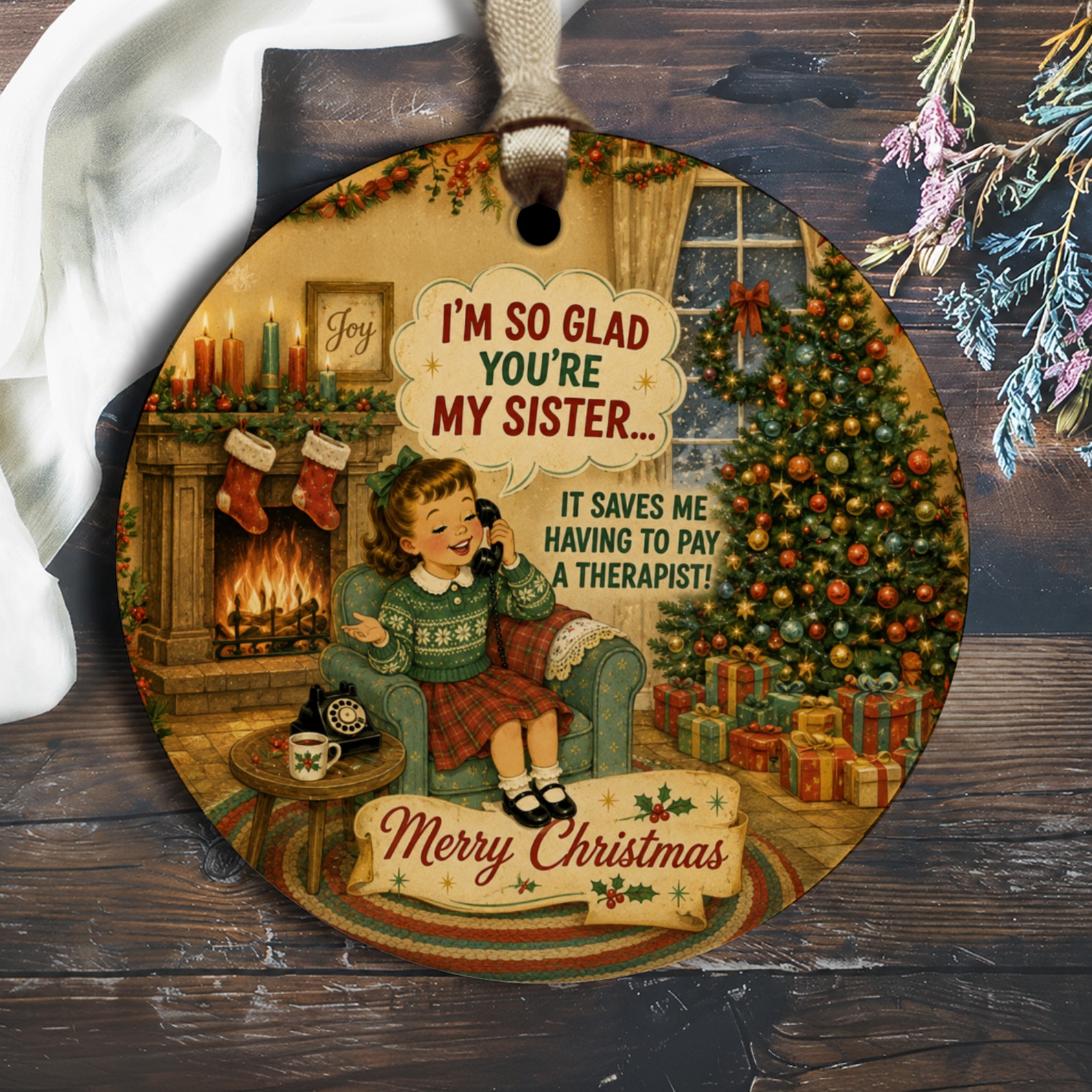 I'm So Glad You're My Sister Christmas Ornament Funny Vintage Holiday Decor For Sister Retro Christmas Tree Decoration O2926