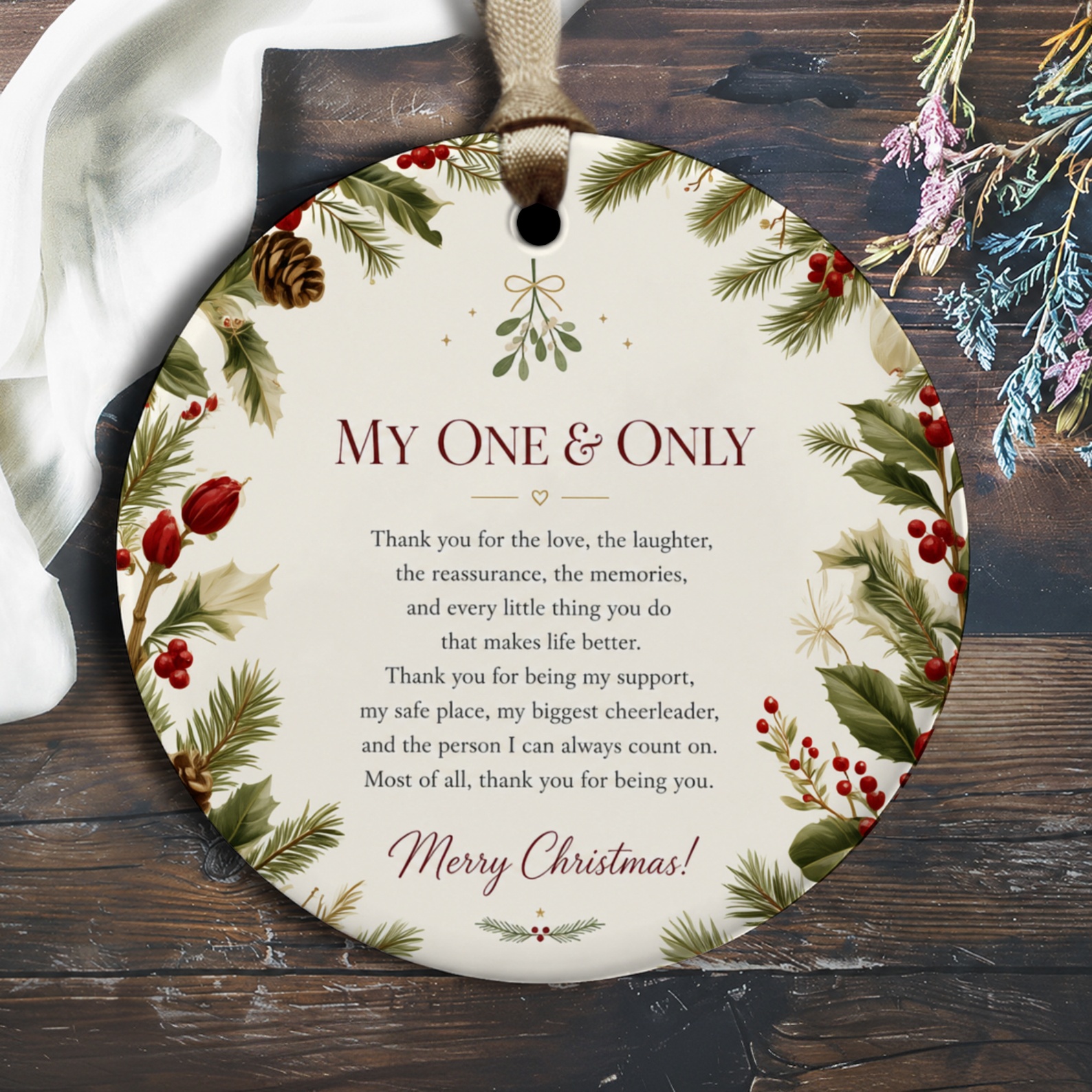 My One & Only Merry Christmas Ornament Floral Holiday Decoration Romantic Gift For Partner Festive Home Decor O2884