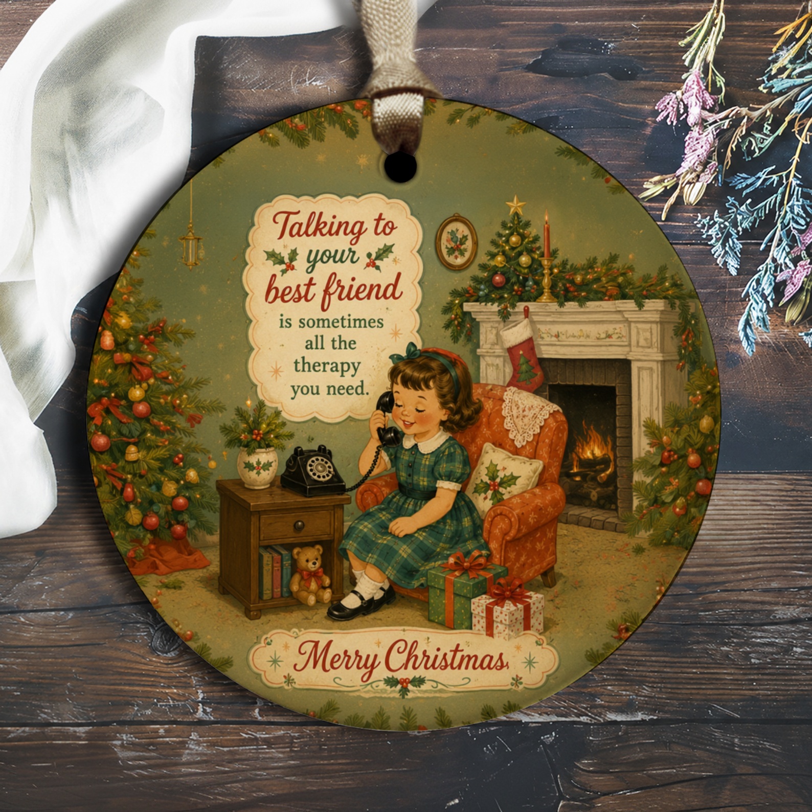 Talking To Your Best Friend Christmas Ornament Vintage Holiday Decor Merry Christmas Gift For Friend Retro Style Ornament O2885