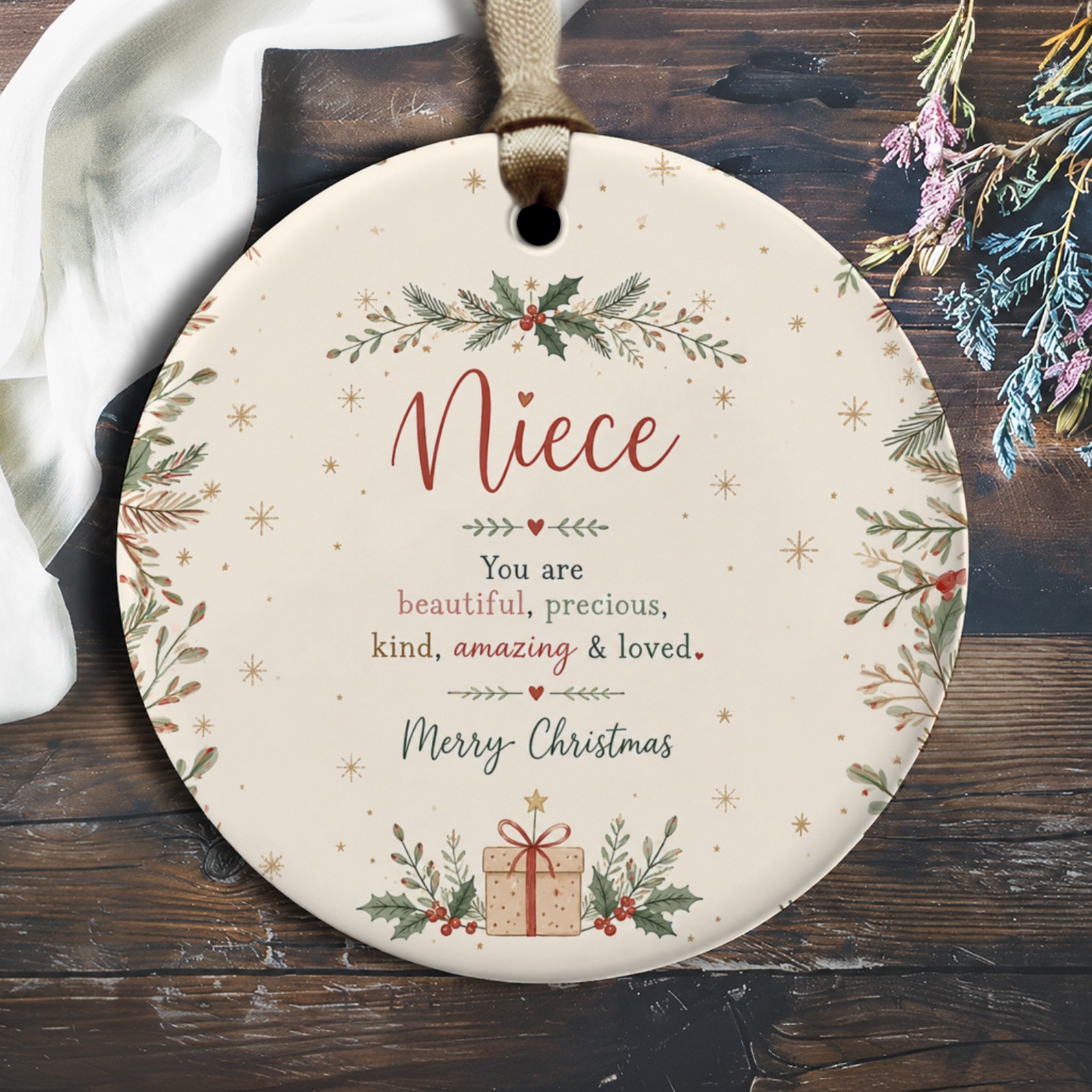 Niece You Are Beautiful Precious Kind Amazing Loved Merry Christmas Ornament Holiday Gift Floral O2937