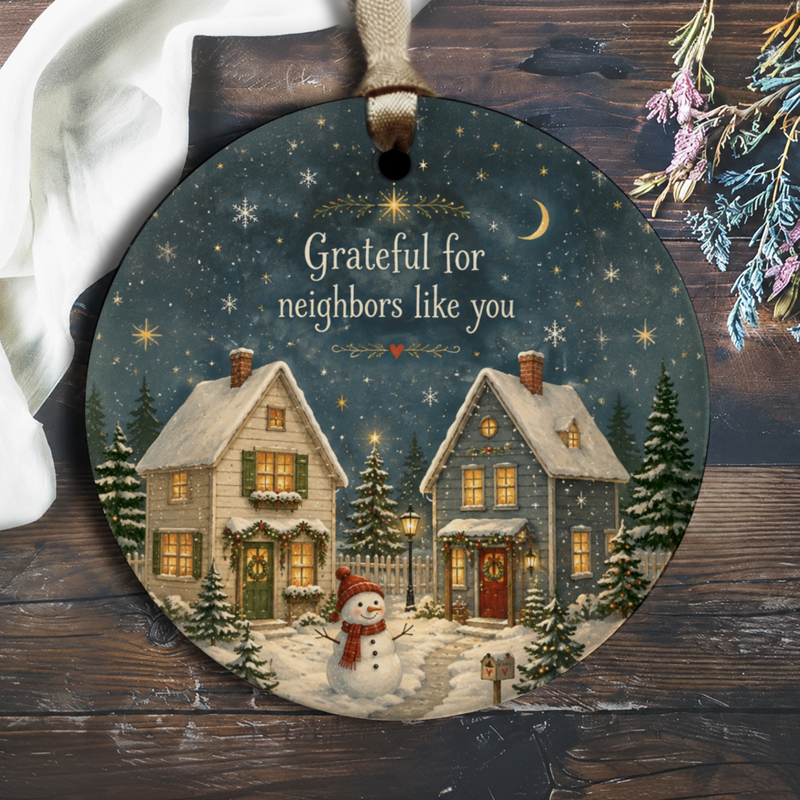 Grateful For Neighbors Like You Christmas Ornament Snowy Village Scene Holiday Decor Winter Gift O2938