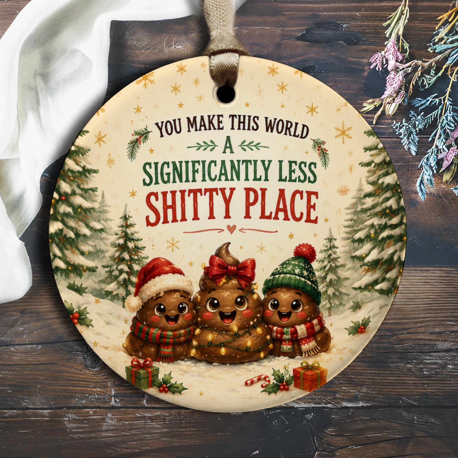 You Make This World A Significantly Less Shitty Place Funny Christmas Ornament Cute Poop Characters Holiday Decor Gift O2895
