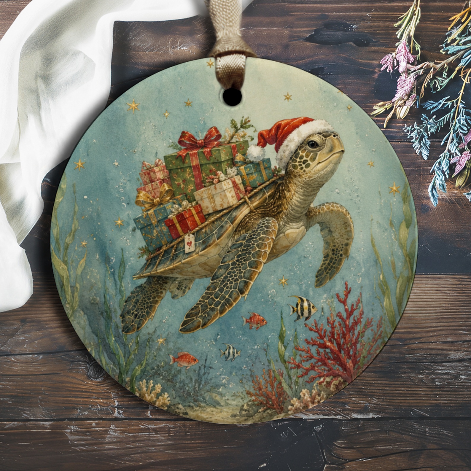 Turtle With Gifts Christmas Ornament Santa Hat Ocean Theme Holiday Decor Sea Life Lover Gift Underwater Scene O2955