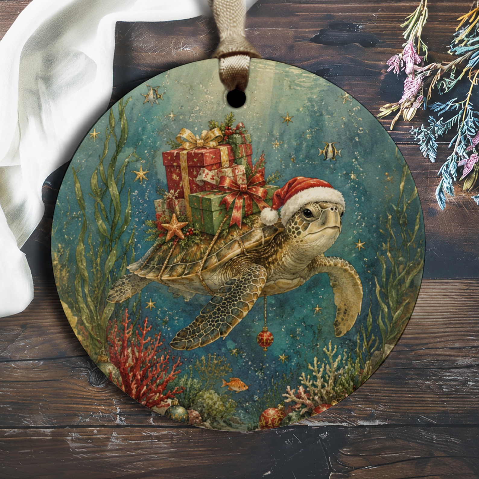 Turtle With Christmas Gifts Ornament Underwater Holiday Decor Sea Life Santa Hat Ocean Lover Christmas Ornament O2956