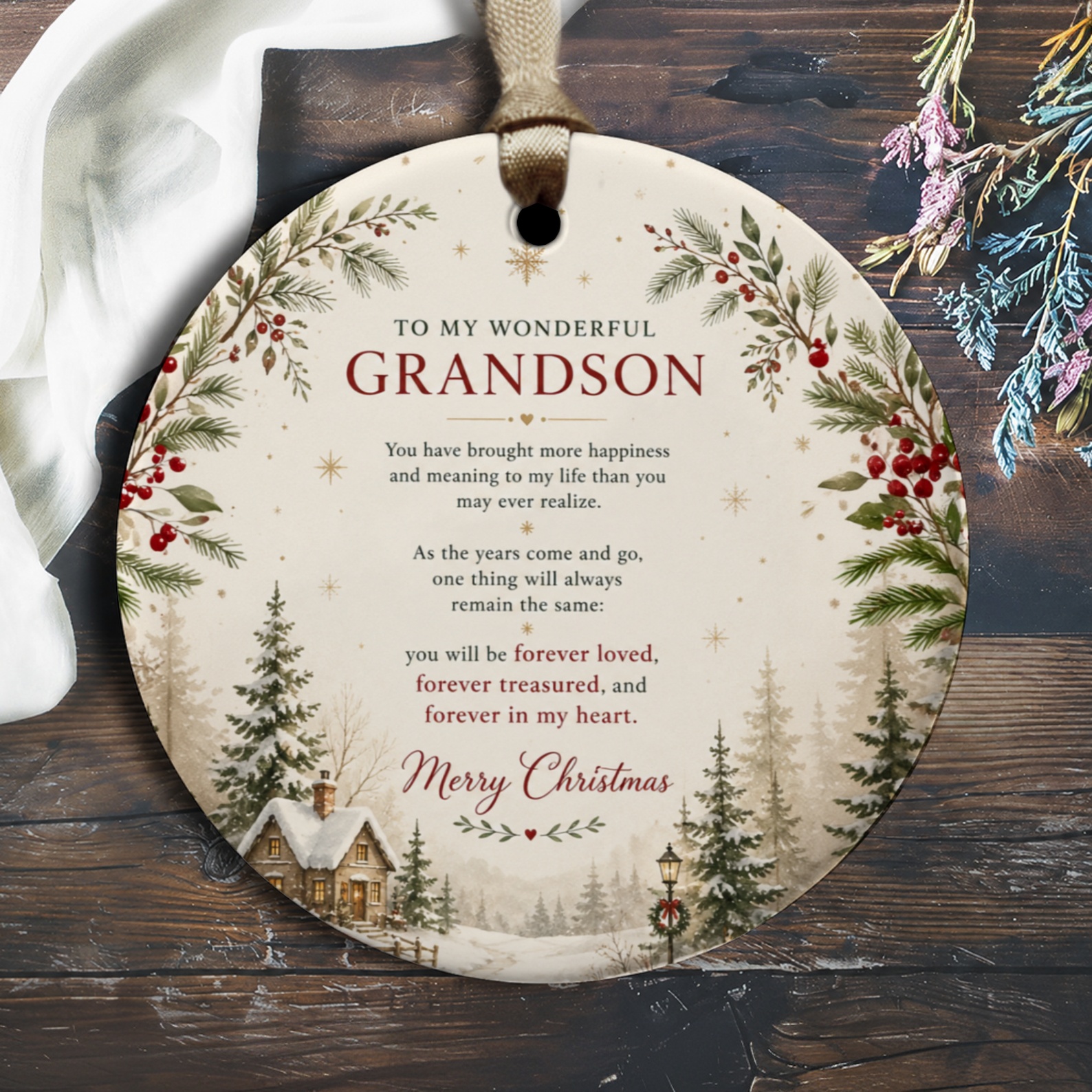 To My Wonderful Grandson Christmas Ornament Forever Loved Treasured Grandson Gift Holiday Decor Sentimental Keepsake O2924