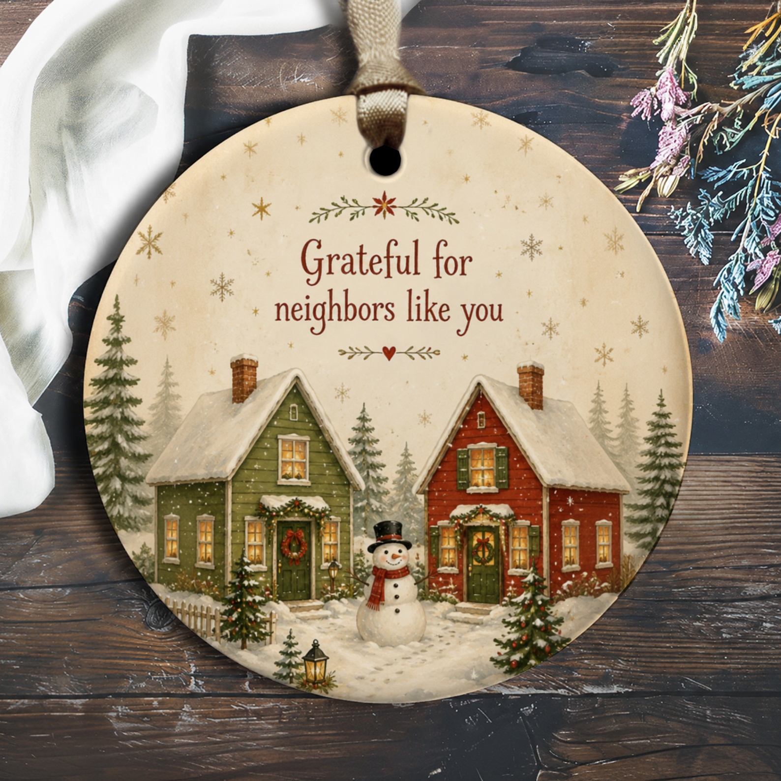 Grateful For Neighbors Like You Christmas Ornament Snowy Houses Snowman Winter Holiday Decor Gift For Neighbor O2939