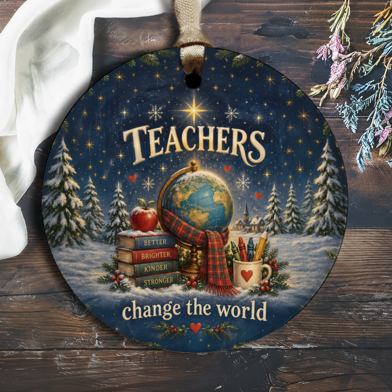 Teachers Change The World Ornament Teacher Appreciation Gift Christmas Globe Books Holiday Decor Educator Thank You O2957
