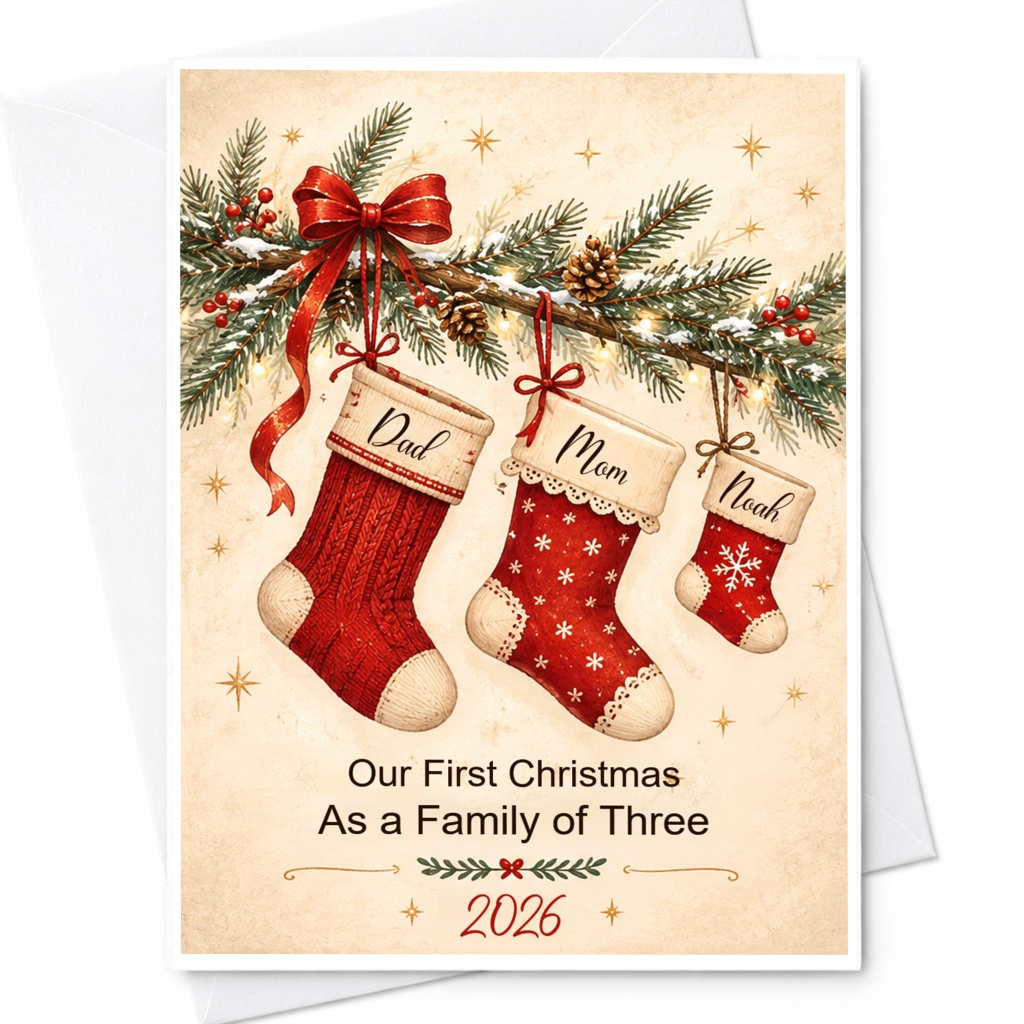 Our First Christmas As A Family Of Three 2026 Christmas Card For New Parents Family Holiday Greeting Card Cute Stocking CP3