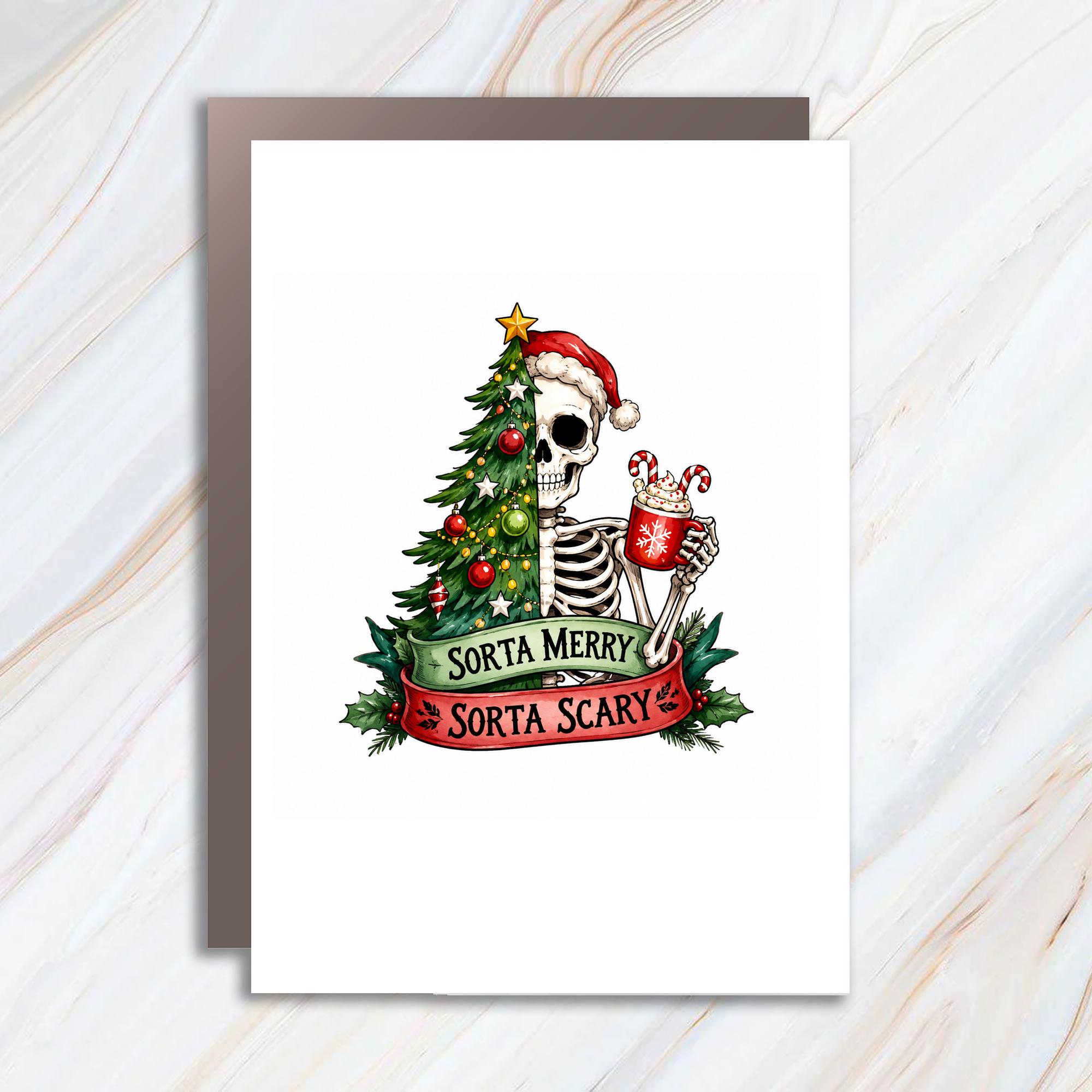 Sorta Merry Sorta Scary Funny Christmas Card Skeleton With Tree Holiday Greeting Card For Friends Cute Festive C1806