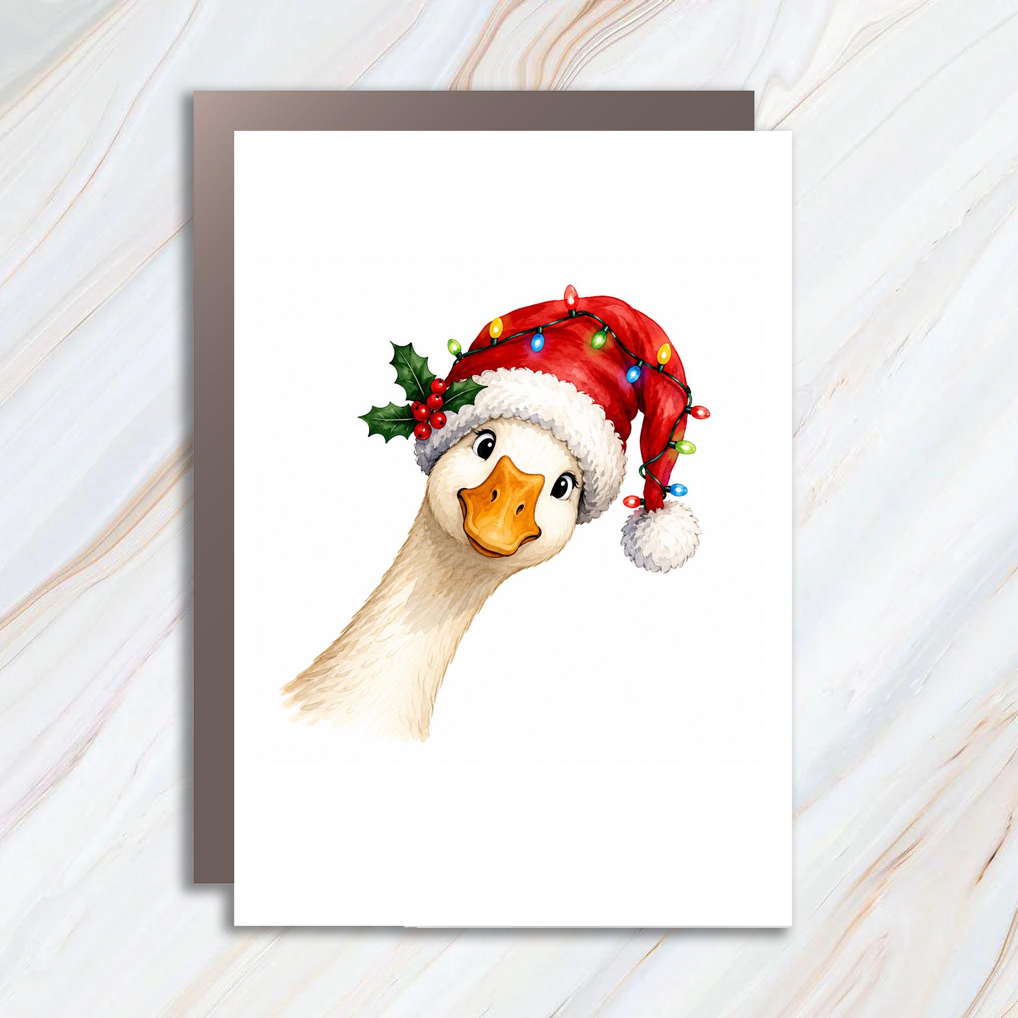 Goose Christmas Greeting Card Cute Animal Holiday Card Festive Santa Hat Lights Funny Christmas Card For Animal Lover C1812