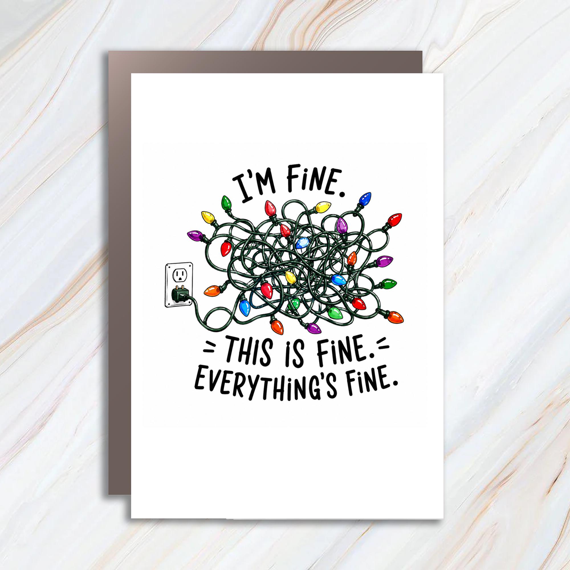 I'm Fine. This Is Fine. Everything's Fine. Funny Christmas Card Tangled Lights Holiday Greeting Card For Friend C1825