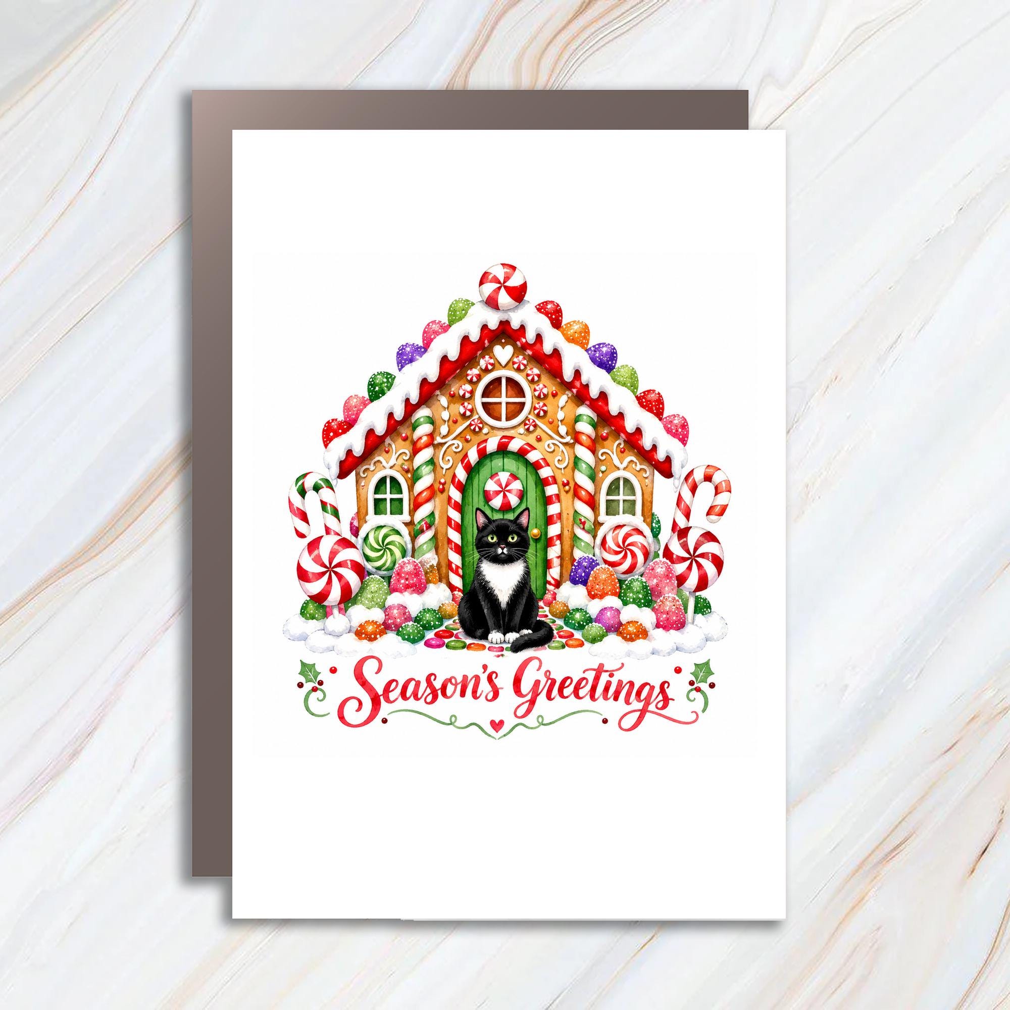 Season's Greetings Christmas Card Cute Cat Gingerbread House Holiday Card Festive Greeting Card For Cat Lover C1828