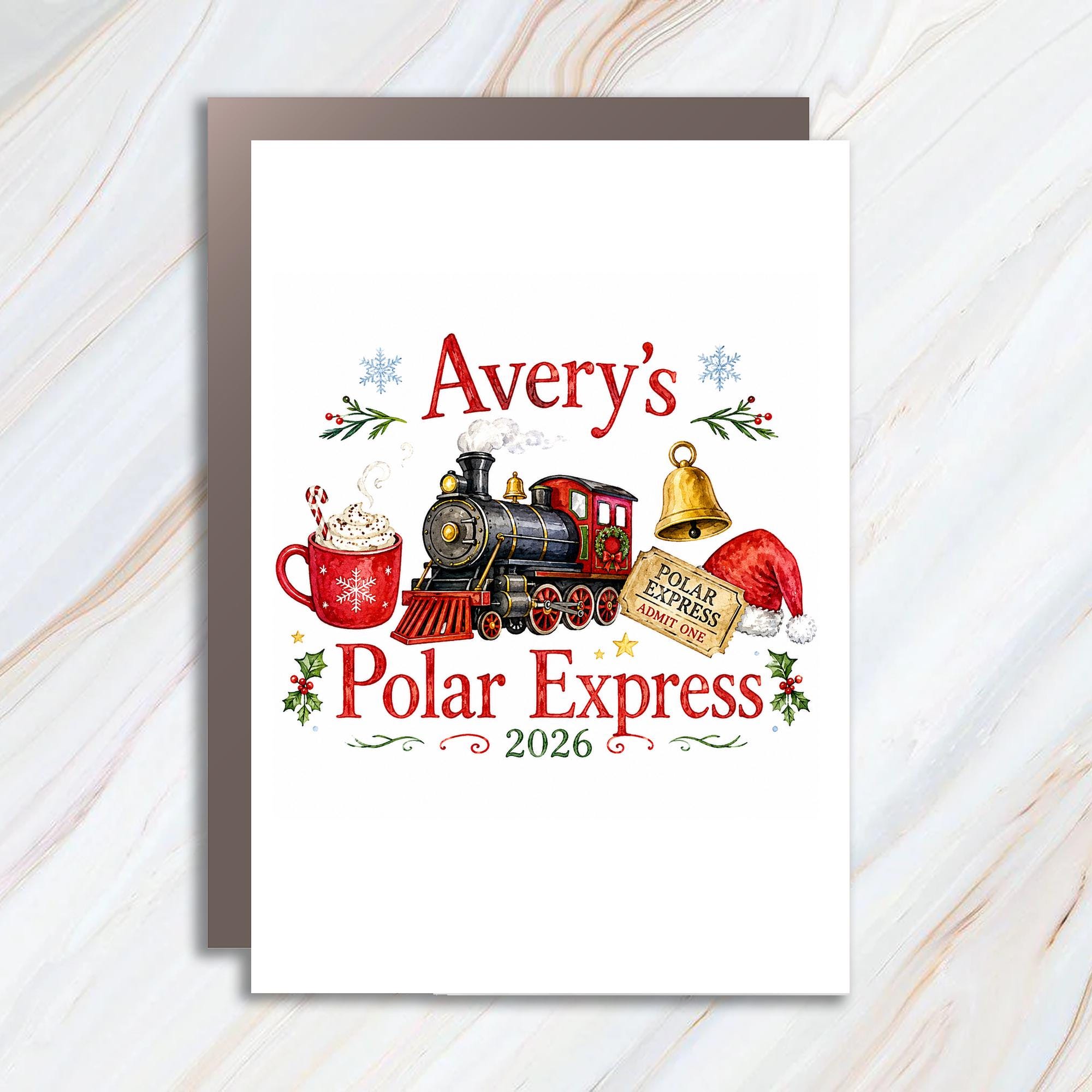 Avery's Polar Express 2026 Christmas Card Personalized Holiday Train Greeting Card Festive Winter Scene For Kids Family C1818