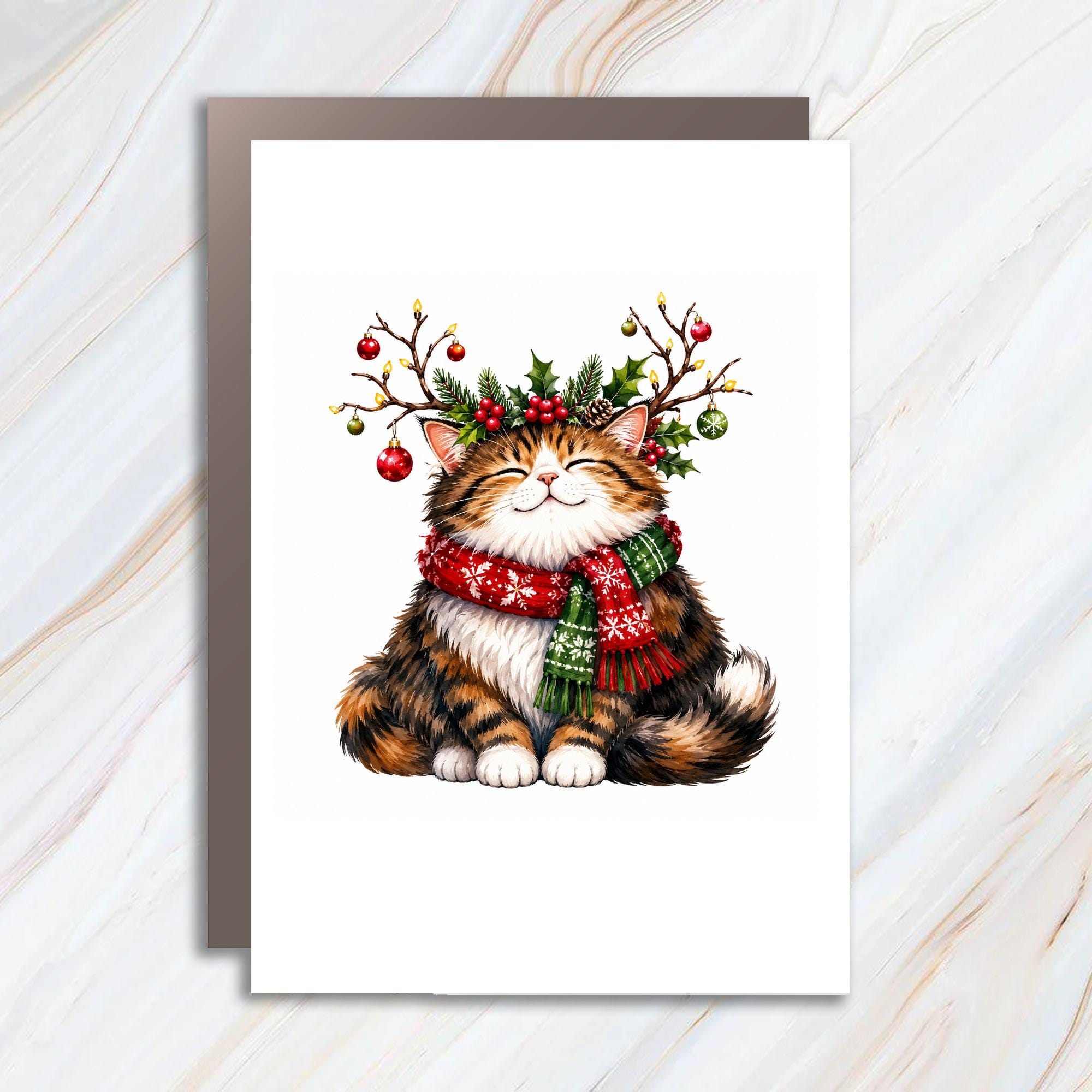 Cute Cat Christmas Card Festive Holiday Greeting Card For Cat Lover Whimsical Animal Card With Ornaments And Scarf C1827