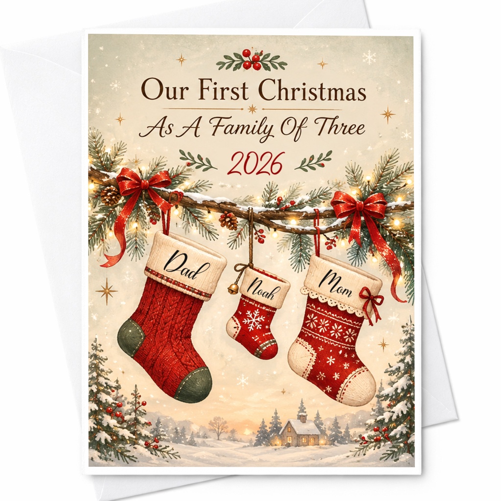 Our First Christmas As A Family Of Three 2026 Christmas Card New Parents Holiday Card Family Of Three Cute Festive Card CP4