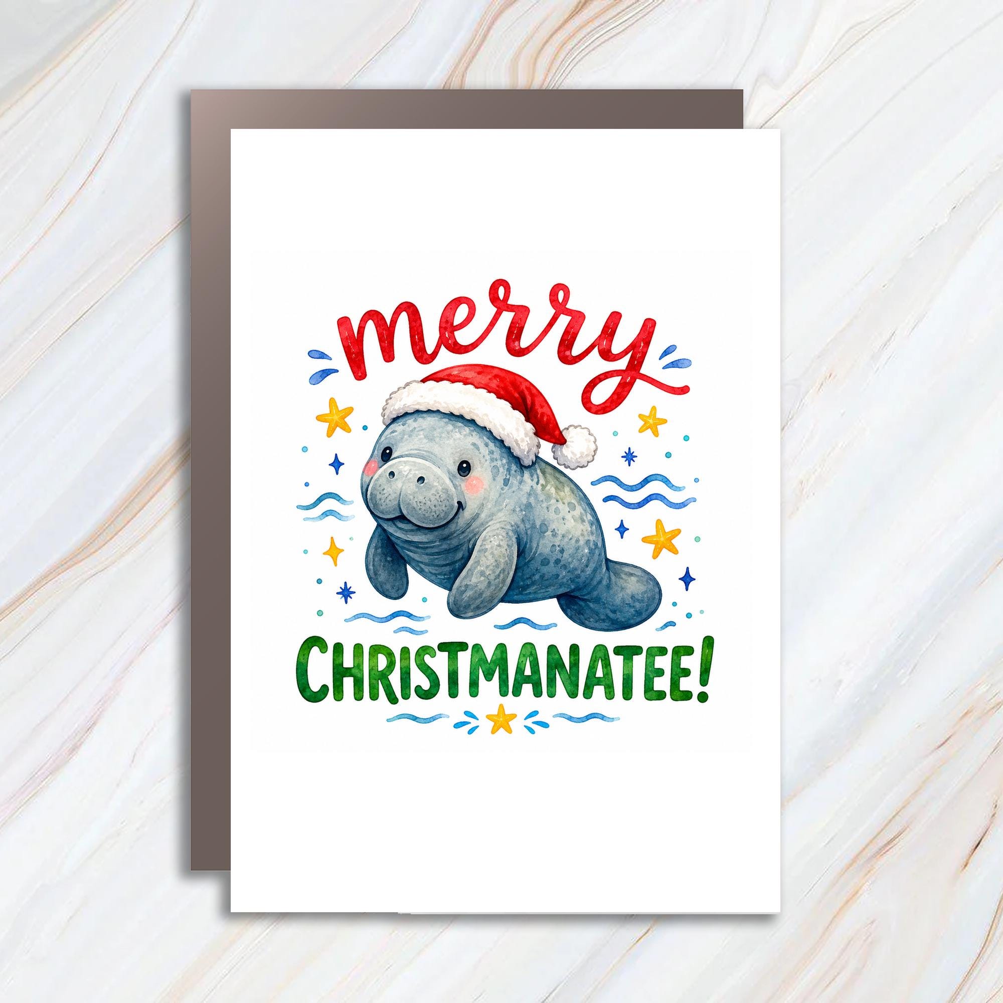 Merry Christmanatee! Cute Christmas Card Manatee With Santa Hat Holiday Greeting Card For Animal Lovers Fun C1833