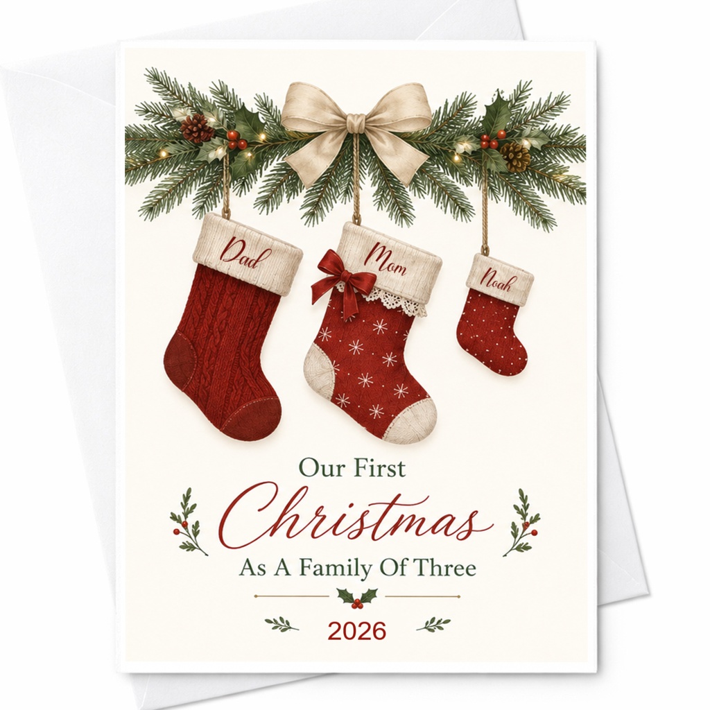 Our First Christmas As A Family Of Three 2026 Christmas Card New Parents Holiday Greeting Card For Family Cute Festive CP7