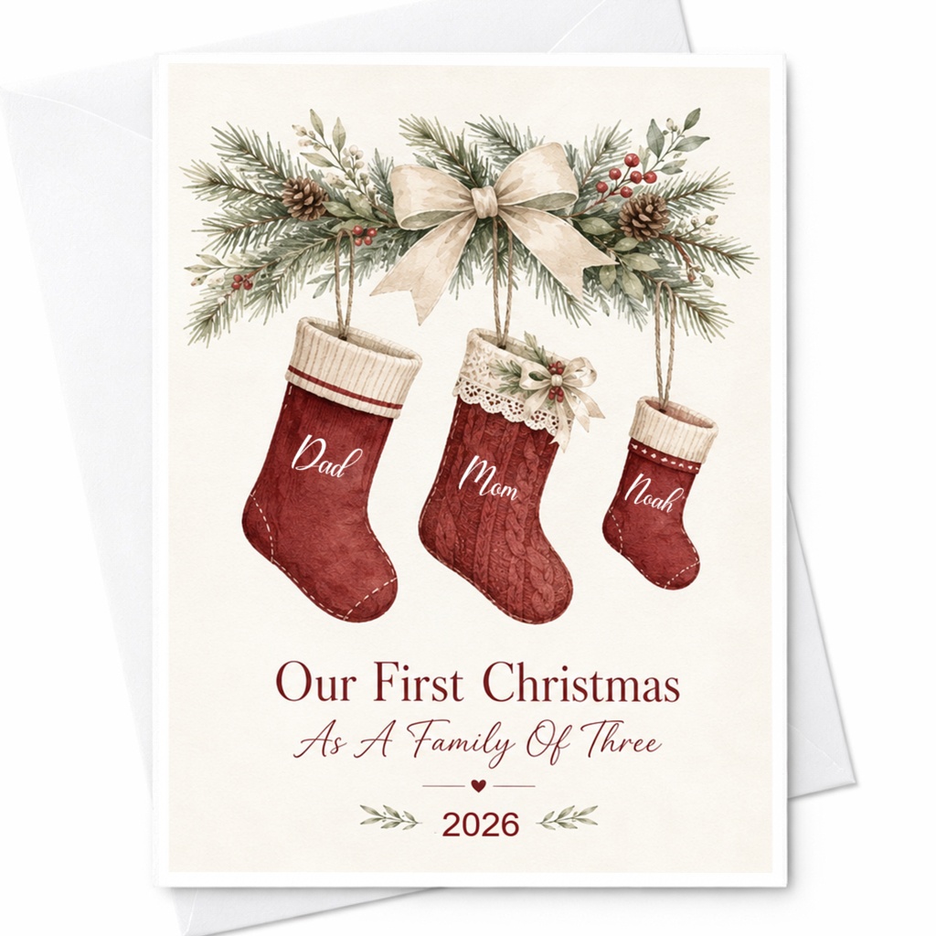 Our First Christmas As A Family Of Three 2026 Christmas Card For New Parents Family Holiday Greeting Card Cute Stocking CP5