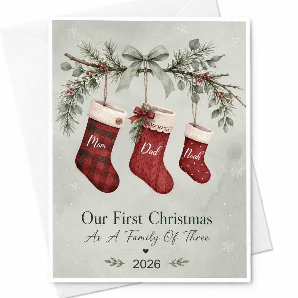 Our First Christmas As A Family Of Three 2026 Christmas Card For New Parents Family Holiday Greeting Card Cute Stocking CP6
