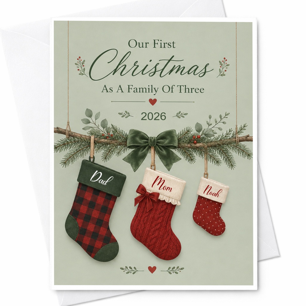 Our First Christmas As A Family Of Three 2026 Christmas Card New Parents Holiday Card For Family Cute Stocking CP8