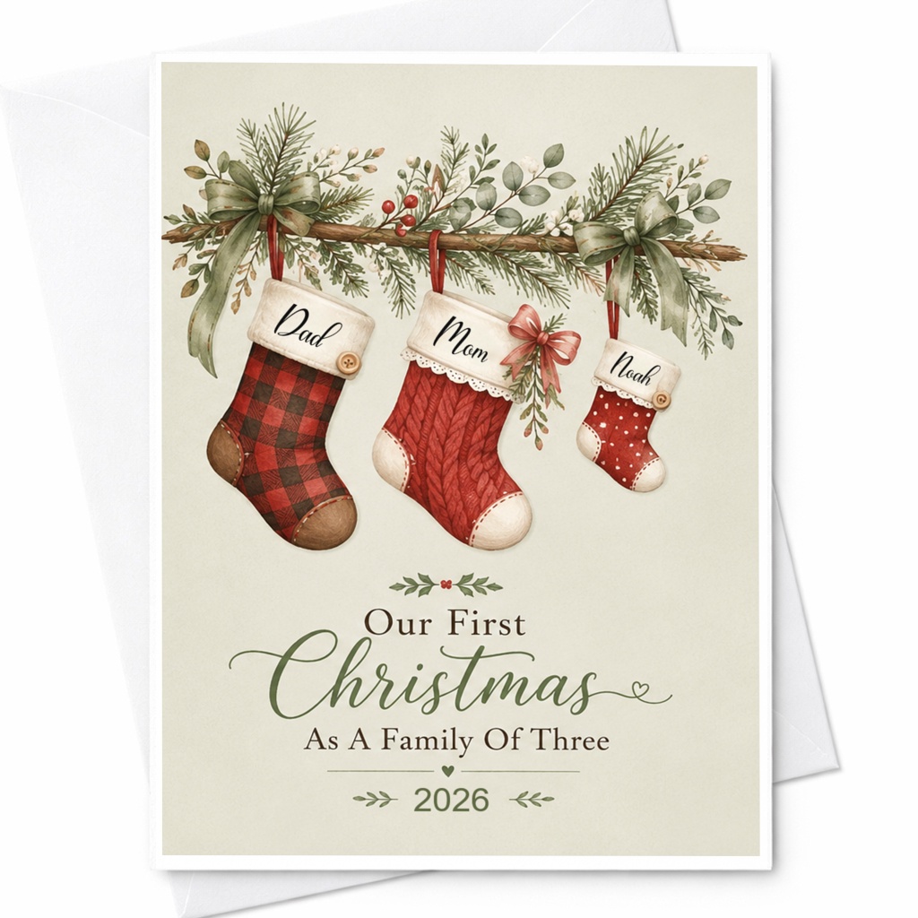 Our First Christmas As A Family Of Three 2026 Christmas Card New Parents Holiday Greeting Card For Family Cute Stocking CP9