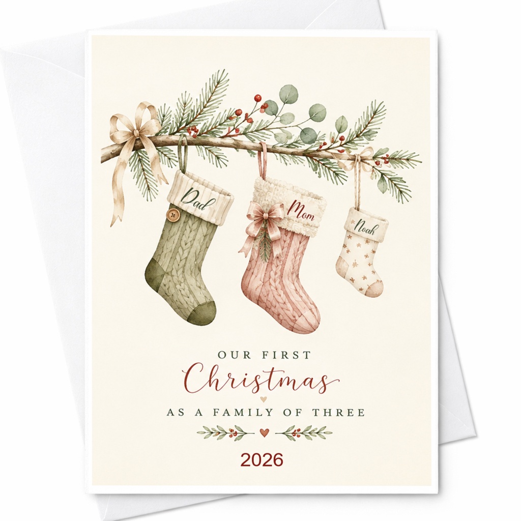 Our First Christmas As A Family Of Three 2026 Christmas Card New Parents Holiday Card For Family Cute Stocking CP10