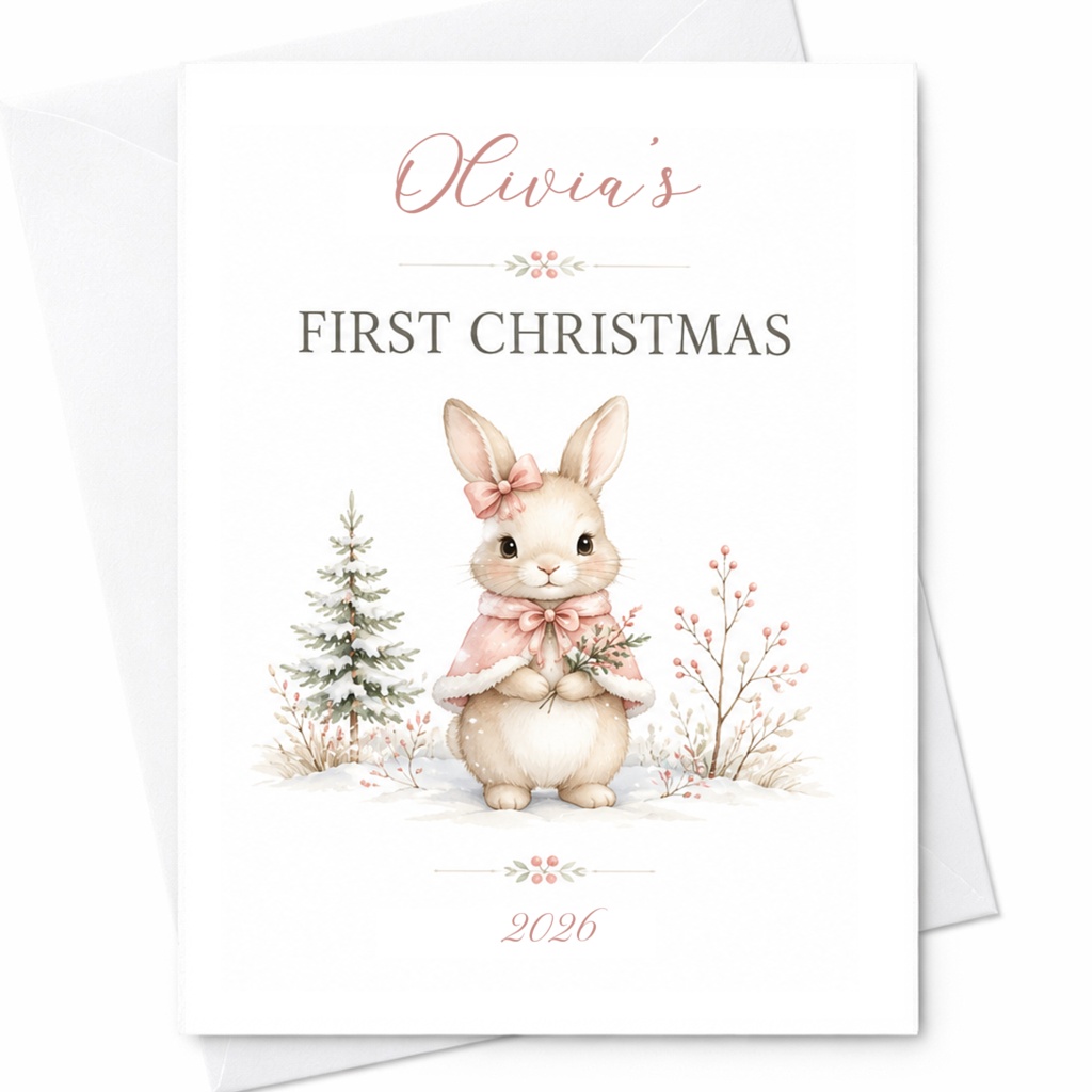First Christmas 2026 Baby's First Christmas Card Cute Bunny Winter Scene Personalized Holiday Card For Baby Girl CP12