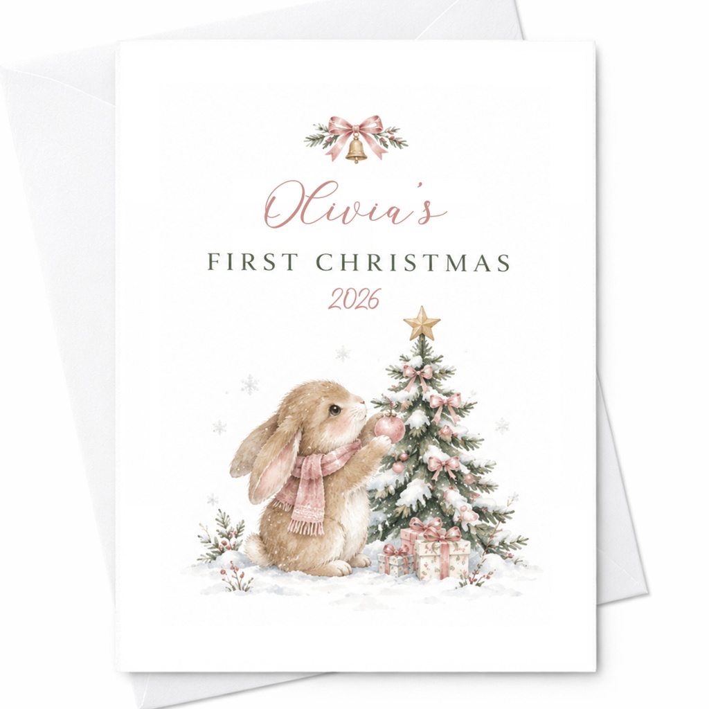 Olivia's First Christmas 2026 Baby's First Christmas Card Cute Bunny Holiday Card Personalized Christmas Card For Baby Girl CP13