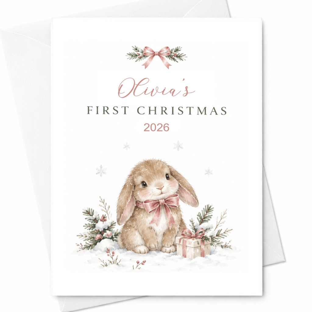 First Christmas 2026 Baby's First Christmas Card Cute Bunny Holiday Card Personalized Christmas Card For Baby Girl CP14