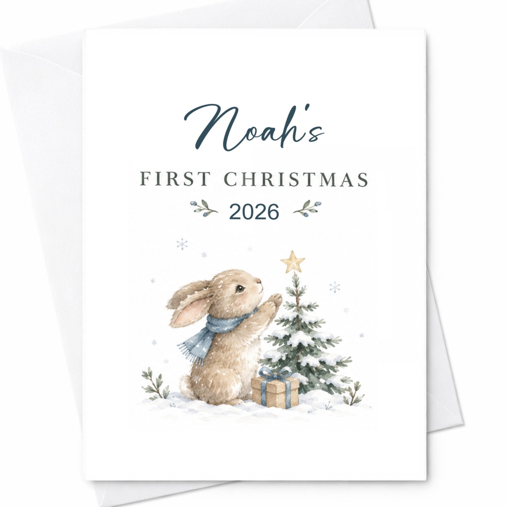 First Christmas 2026 Personalized Baby's First Christmas Card Cute Bunny Holiday Card Newborn Keepsake CP16