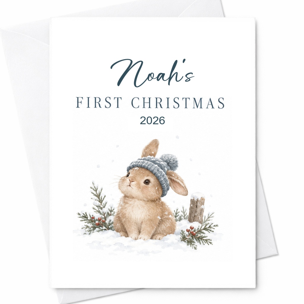 First Christmas 2026 Baby's First Christmas Card Cute Bunny Winter Holiday Card Personalized Newborn Keepsake CP18