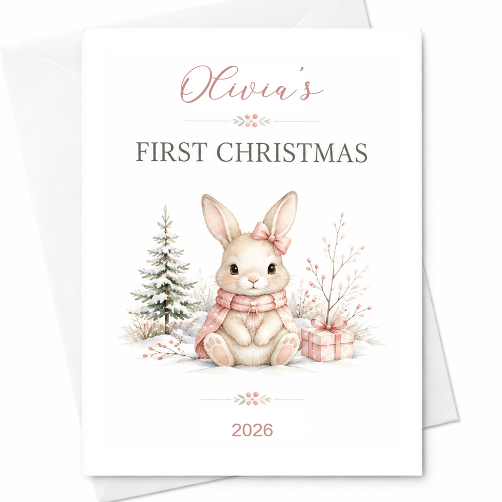 First Christmas Cute Bunny Christmas Card Baby's First Christmas 2026 Personalized Holiday Card For Newborn CP11