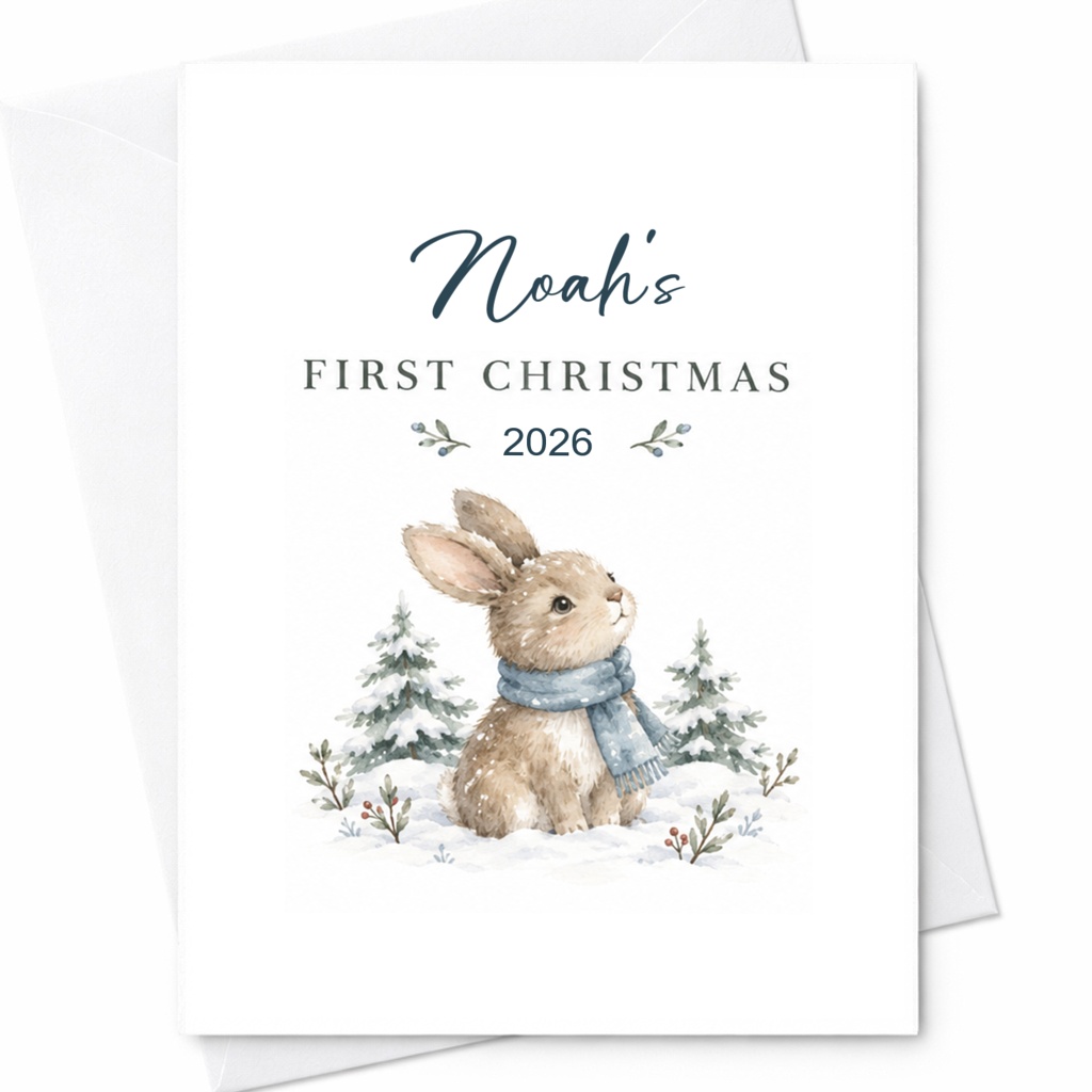 First Christmas 2026 Baby's First Christmas Card Cute Bunny Winter Holiday Card Personalized Newborn Keepsake CP15