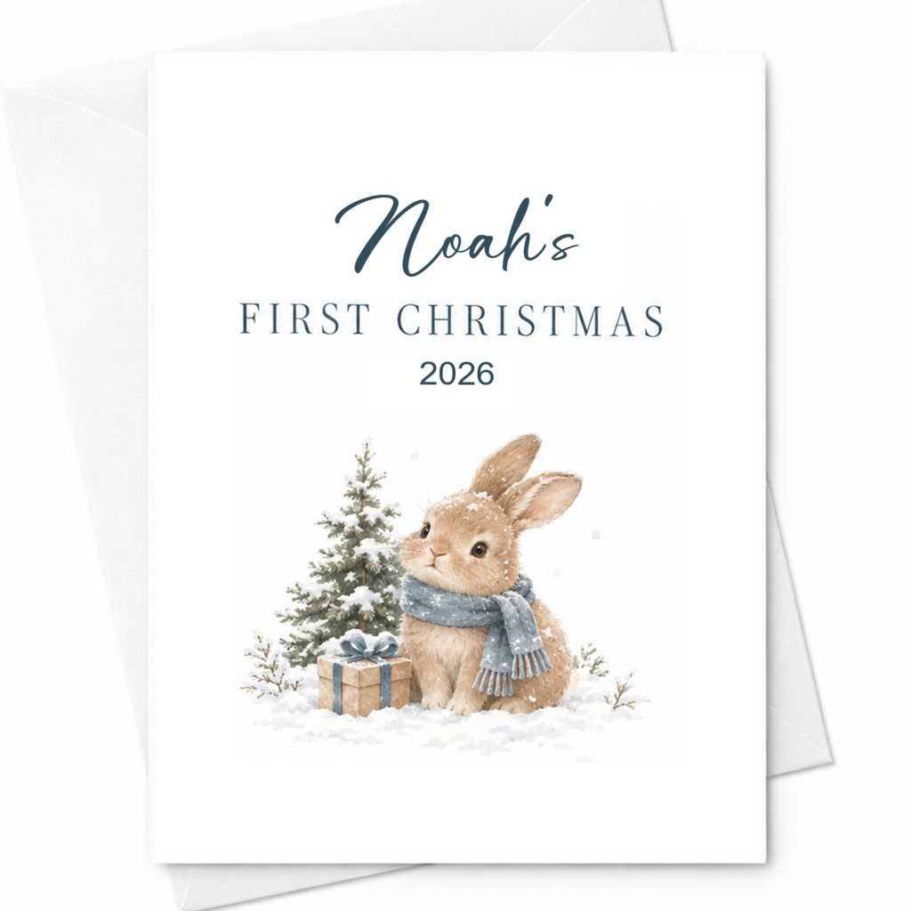 First Christmas 2026 Baby's First Christmas Card Cute Bunny Holiday Card Personalized Newborn Keepsake Card CP17