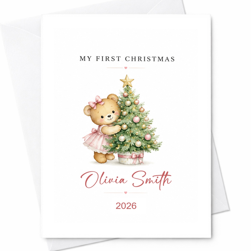 My First Christmas Baby's First Christmas Card Cute Bear With Tree Personalized Holiday Card For Baby Girl 2026 CP21