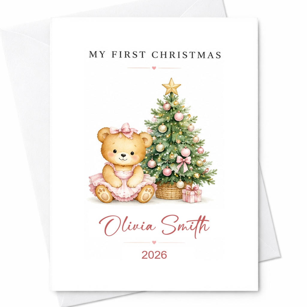 My First Christmas Baby's First Christmas Card Personalized Holiday Card Cute Teddy Bear Christmas Tree 2026 Keepsake CP22