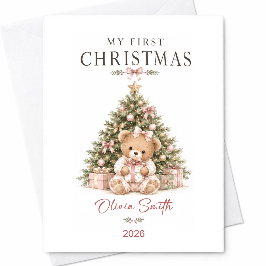 My First Christmas Baby's First Christmas Card Personalized Holiday Card Cute Teddy Bear Christmas Tree 2026 CP26